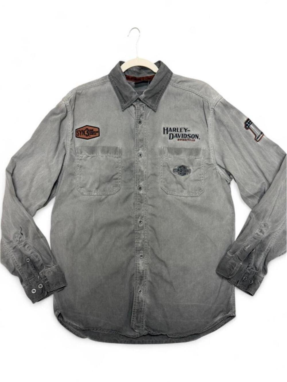 Harley-Davidson Shirt Mens Large Gray Button Up Embroidered Syn3 Patch